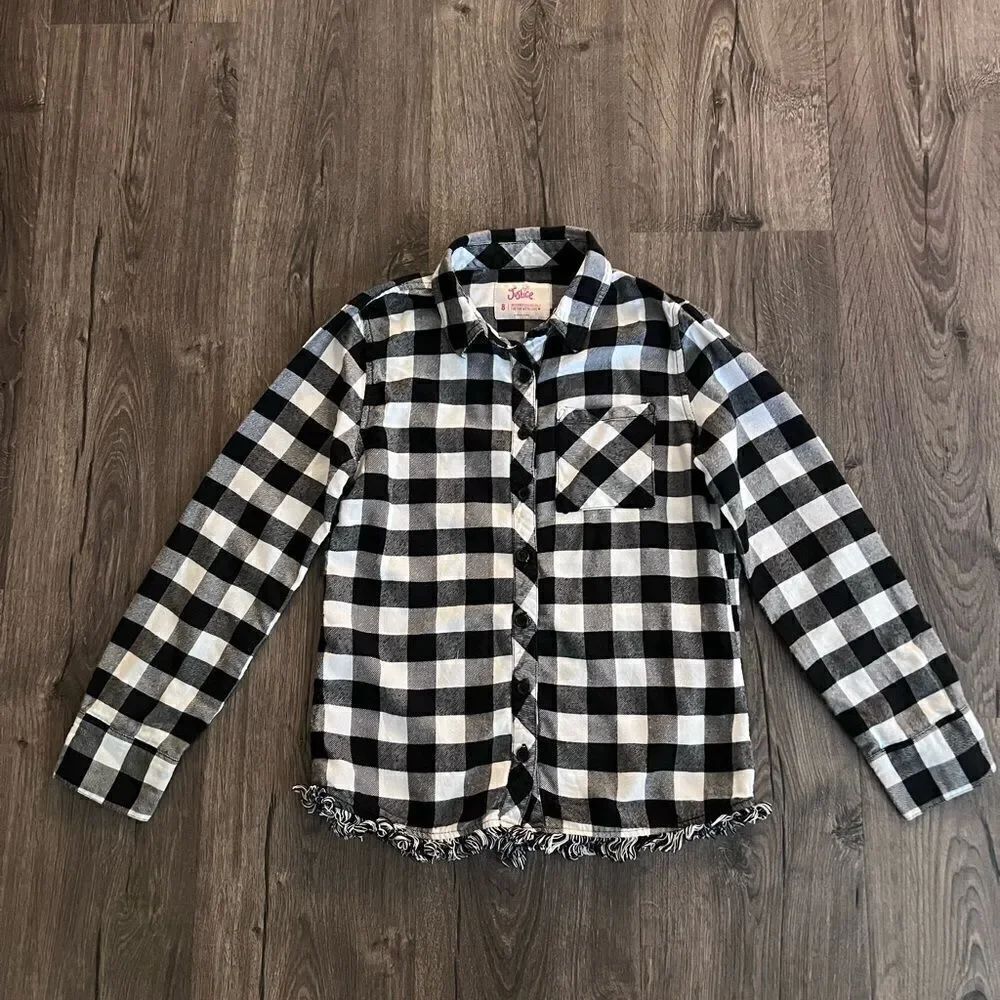 Justice Girls Buffalo Plaid Shirt Size 8 Black White Fringe Button Down Long...